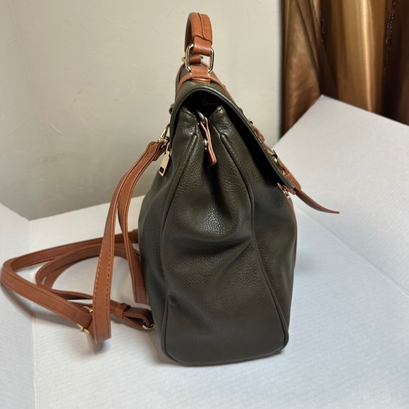 MMS Olive Green Cognac Brown Vegan Leather Convertible Backpack Satchel Bag - Picture 3 of 12